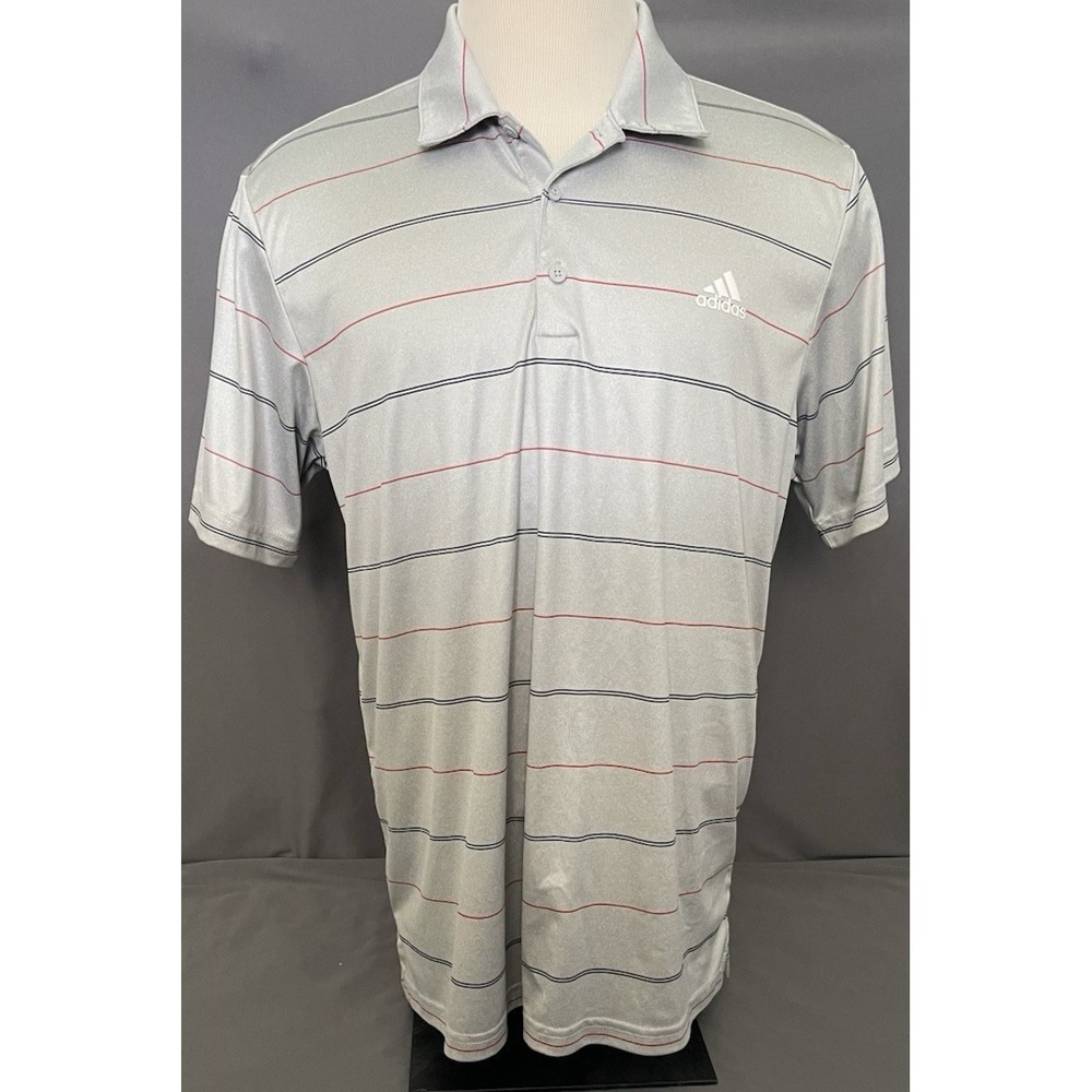 ADIDAS Golf Polo Shirt Men's Size XL Silver Grey Striped Activewear Short Sleeve
